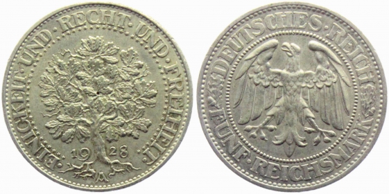 Weimarer Republik - J 331 - 1928 A - Eichbaum - 5 Reichsmark - f.vz - leichte Patina