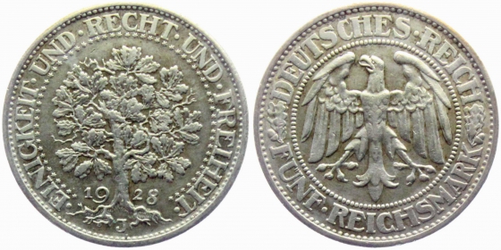 Weimarer Republik - J 331 - 1928 J - Eichbaum - 5 Reichsmark - ss+ - leichte Patina