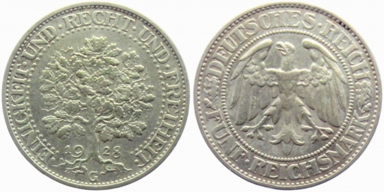 Weimarer Republik - J 331 - 1928 G - Eichbaum - 5 Reichsmark - vz-st