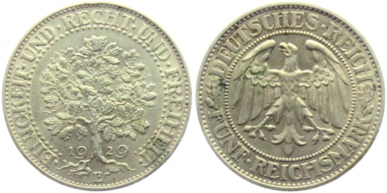Weimarer Republik - J 331 - 1929 E - Eichbaum - 5 Reichsmark - vz-st - leichte Patina