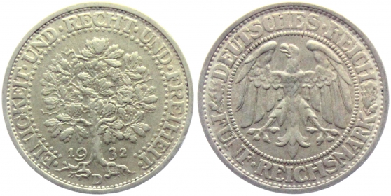 Weimarer Republik - J 331 - 1932 D - Eichbaum - 5 Reichsmark - ss-vz