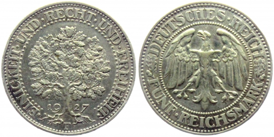 Weimarer Republik - J 331 - 1927 F - Eichbaum - 5 Reichsmark - ss-vz