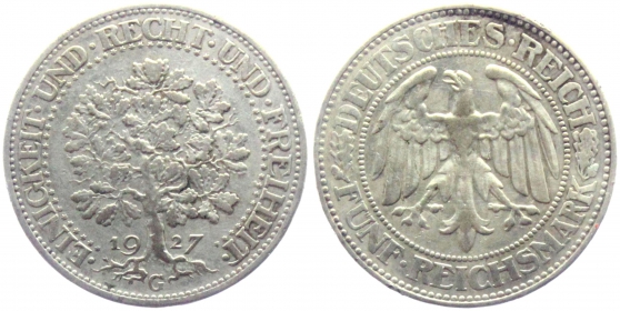 Weimarer Republik - J 331 - 1927 G - Eichbaum - 5 Reichsmark - ss