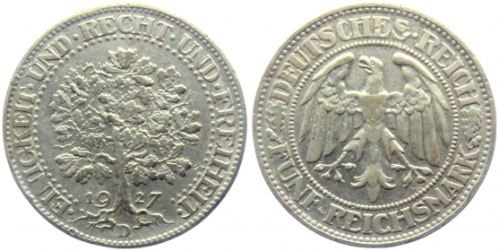 Weimarer Republik - J 331 - 1927 D - Eichbaum - 5 Reichsmark - ss-vz
