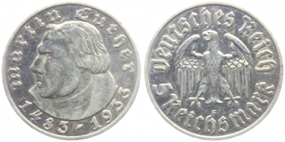 Drittes Reich - J 353 - 1933 F - Martin Luther - 5 Reichsmark - ss+