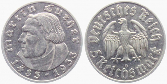 Drittes Reich - J 353 - 1933 D - Martin Luther - 5 Reichsmark - f.st