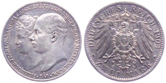 Mecklenburg-Schwerin - J 86 - 1904 A - Friedrich Franz IV. (1901-1918) - Hochzeit mit Alexandra - 2 Mark - vz-st