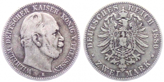 Preussen - J 96 - 1880 A - Kaiser Wilhelm I. (1861-1888) - 2 Mark - ss