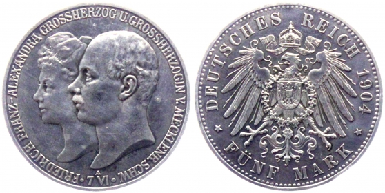Mecklenburg-Schwerin - J 87 - 1904 A - Friedrich Franz IV. (1901-1918) - Hochzeit mit Alexandra - 5 Mark - f.st