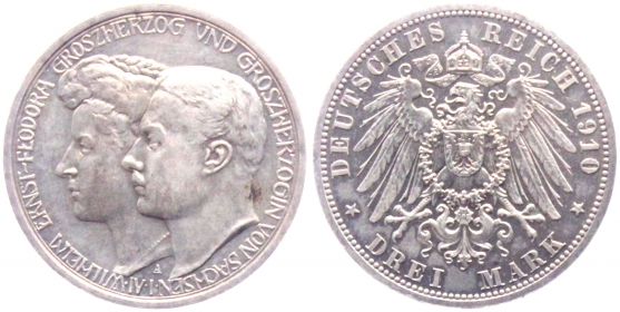 Sachsen-Weimar-Eisenach - J 162 - 1910 A - Wilhelm Ernst (1901-1918) - Hochzeit mit Feodora - 3 Mark - vz-st
