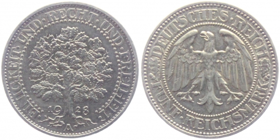 Weimarer Republik - J 331 - 1928 A - Eichbaum - 5 Reichsmark - ss+
