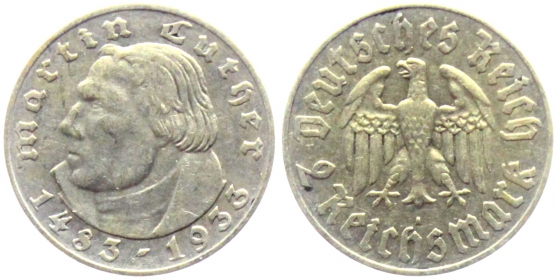 Drittes Reich - J 352 - 1933 A - Martin Luther - 2 Reichsmark - ss-vz