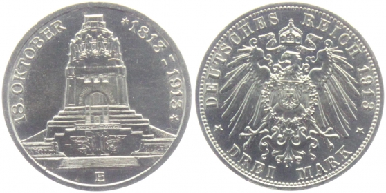 Sachsen - J 140 - 1913 E - Friedrich August III. (1904-1918) - Völkerschlachtdenkmal - 3 Mark - vz