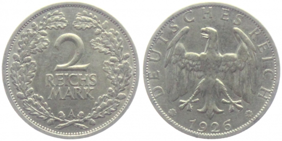 Weimarer Republik - J 320 - 1926 A - 2 Reichsmark - ss-vz
