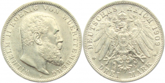 Württemberg - J 175 - 1909 F - Wilhelm II. (1891 - 1918) - 3 Mark - vz+