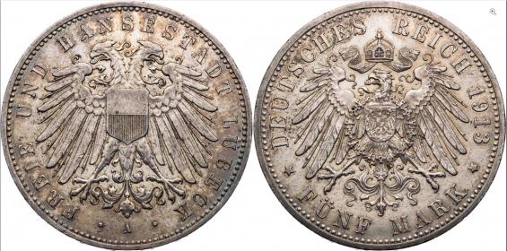 Lübeck - J 83 - 1913 A - Stadtwappen - 5 Mark - f.vz