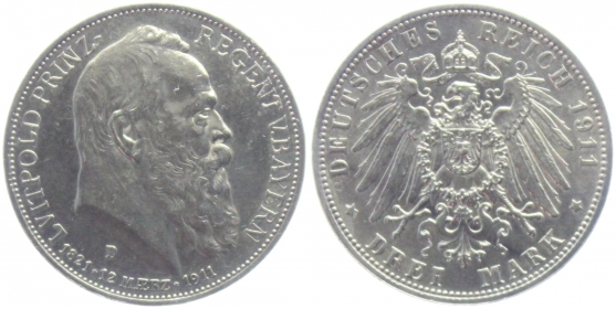Bayern - J 49 - 1911 D - Prinzregent Luitpold (1886-1912) - zum 90. Geburtstag - 3 Mark - ss-vz
