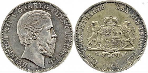 Reuss-Schleiz, jüngere Linie - 1868 - Heinrich XIV. (1867-1913) - Vereinstaler - vz