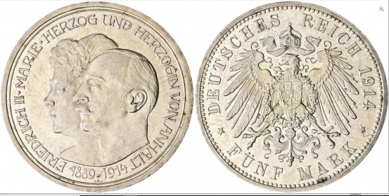 Anhalt - J 25 - 1914 - Friedrich II. (1904-1918) - zur Silberhochzeit - 5 Mark - vz-Kr