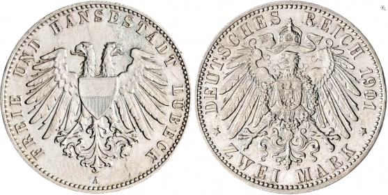 Lübeck - J 80 - 1901 A - kleines Stadtwappen - 2 Mark - ss-vz