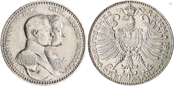 Sachsen-Weimar-Eisenach - J 163 - 1915 A - Wilhelm Ernst (1901-1918) - 100-Jahrfeier des Großherzogtums - 3 Mark - f.st