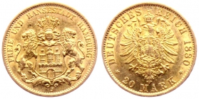 Hamburg - J 210 - 1880 J - 20 Mark - Stadtwappen - kleiner Adler - f.vz