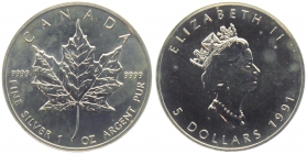 Kanada - 1991 - Maple Leaf - 1 Unze - 5 Dollars - unc.