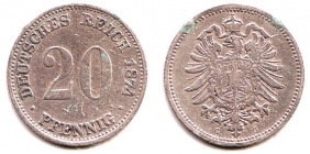 Kaiserreich - J 5 - 1874 G - 20 Pfennig - kleiner Adler - ss min. RF