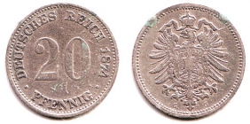Kaiserreich - J 5 - 1874 G - 20 Pfennig - kleiner Adler - ss min. RF