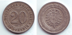 Kaiserreich - J 6 - 1888 D - 20 Pfennig - kleiner Adler - ss-vz