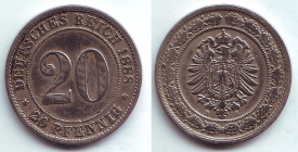 Kaiserreich - J 6 - 1888 D - 20 Pfennig - kleiner Adler - ss+