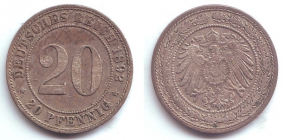 Kaiserreich - J 14 - 1892 A - 20 Pfennig - großer Adler - vz-st