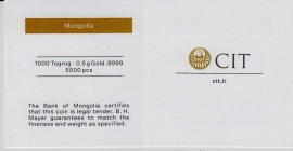 Mongolei - 2021 - Napoleon Bonaparte - 1000 Tögrög - PP mit Zertifikat