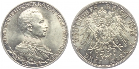 Preussen - J 112 - 1913 A - Wilhelm II. (1888 - 1918) - Büste in Uniform mit Regierungsdaten - 3 Mark - f.st
