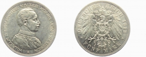 Preussen - J 114 - 1913 A - Wilhelm II. (1888 - 1918) - Büste in Uniforn - 5 Mark - vz-st