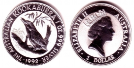Australien - 1992 - Kookaburra - 1 Unze - 1 Dollar - st / BU in Kapsel