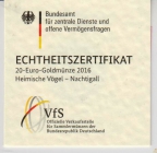 Deutschland - 2016 F - Heimische Vögel - Nachtigall - 20 Euro - 1/8 Unze - st in Kapsel mit Echtheitszertifikat
