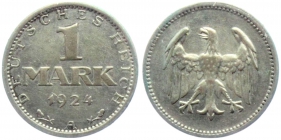 Weimarer Republik - J 311 - 1924 A - 1 Mark - f.vz