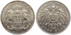 Hamburg - J 65 - 1907 J - Stadtwappen - 5 Mark - ss-vz