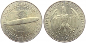 Weimarer Republik - J 343 - 1930 A - Zeppelin - 5 Reichsmark - st min RF