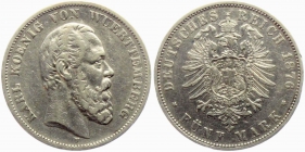 Württemberg - J 173 - 1876 F - König Karl (1864-1891) - 5 Mark - ss