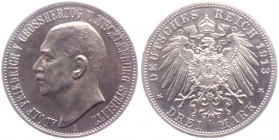 Mecklenburg-Strelitz - J 92 - 1913 A - Großherzog Adolf Friedrich V. (1904-1914) - ohne Kinnbart - zum 65. Geburtstag - 3 Mark - f.st
