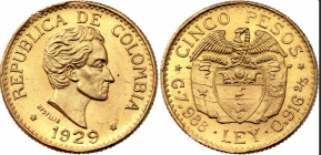 Kolumbien - 1929 - Simon Bolivar (1783-1830) - 5 Pesos - vz