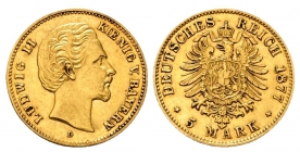Bayern - J 195 - 1877 D - König Ludwig II. (1864-1886) - 5 Mark - f.vz