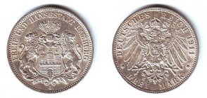Hamburg - J 64 - 1911 J - Stadtwappen - 3 Mark - vz-st
