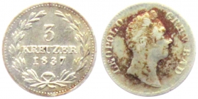 Baden - 1837 - Leopold I. (1830-1852) - 3 Kreuzer - vz Patina
