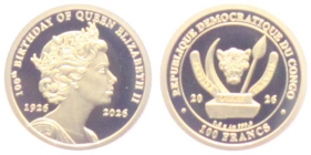 Kongo - 2026 - 100. Geburtstag von Königin Elisabeth II. von Großbritannien - 100 Francs - PP in Kapsel