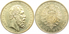 Württemberg - J 173 - 1876 F - Karl (1864 - 1891) - 5 Mark - vz-st