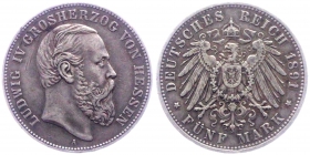 Hessen - J 71 - 1891 A - Großherzog Ludwig IV. (1877-1892) - 5 Mark - f.vz