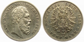 Württemberg - J 173 - 1888 F - Karl (1864 - 1891) - 5 Mark - ss-vz